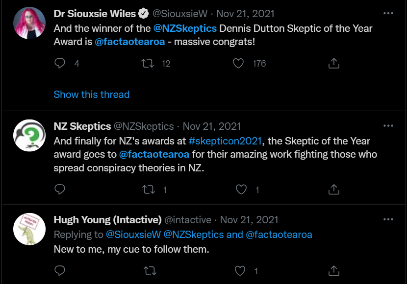 Tweets Congratulating FACT Aotearoa for winning the 2021 NZ Skeptics of the Year award.