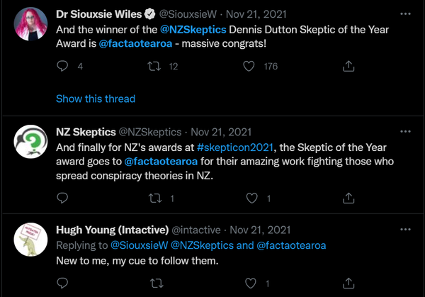 Tweets Congratulating FACT Aotearoa for winning the 2021 NZ Skeptics of the Year award.